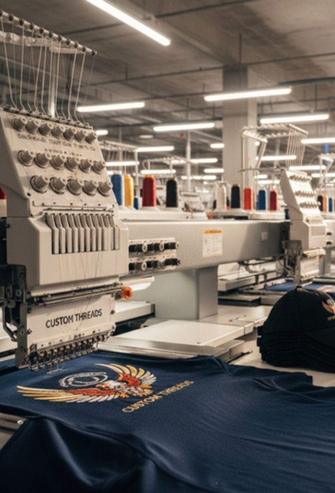 Industrial embroidery machines working on custom apparel in the production facility at Socaprint