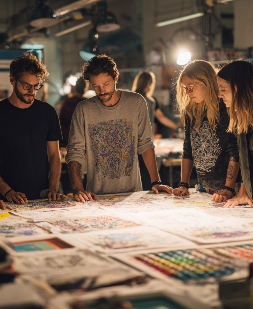 Designers and artists collaborating on screen printing concepts, reviewing color palettes and t-shirt layouts in a bright creative studio